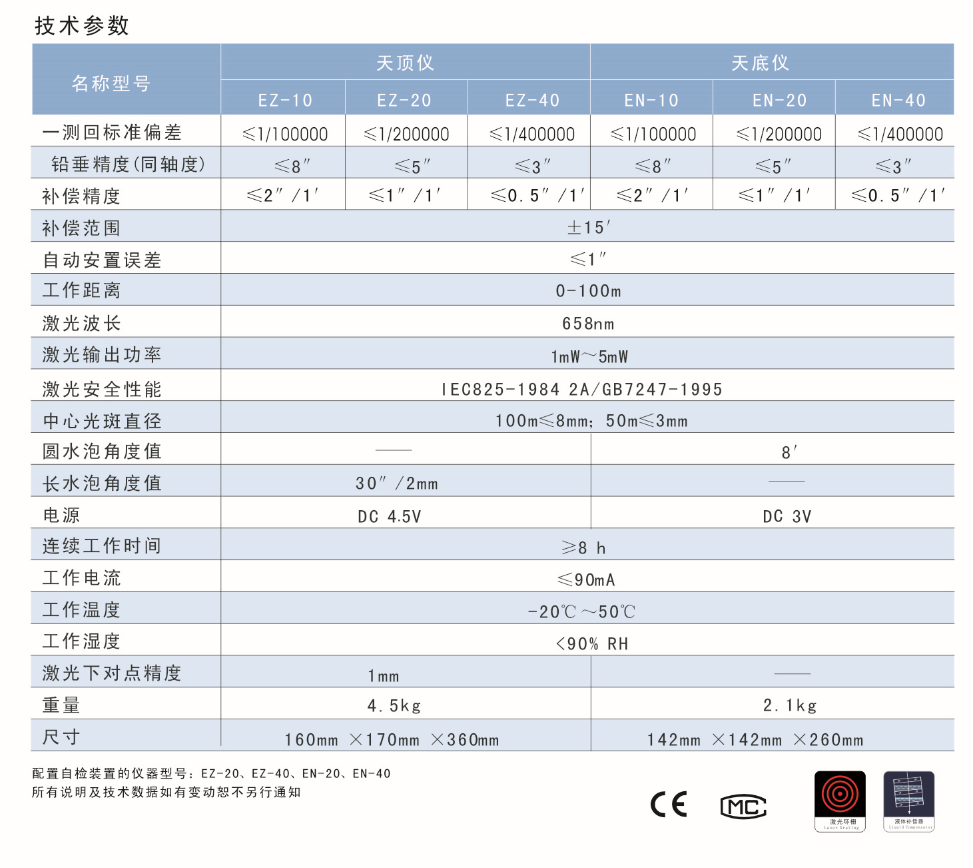 EZ-10、EZ-20、EZ-40激光自動安平天頂儀/上垂準儀技術(shù)參數(shù)