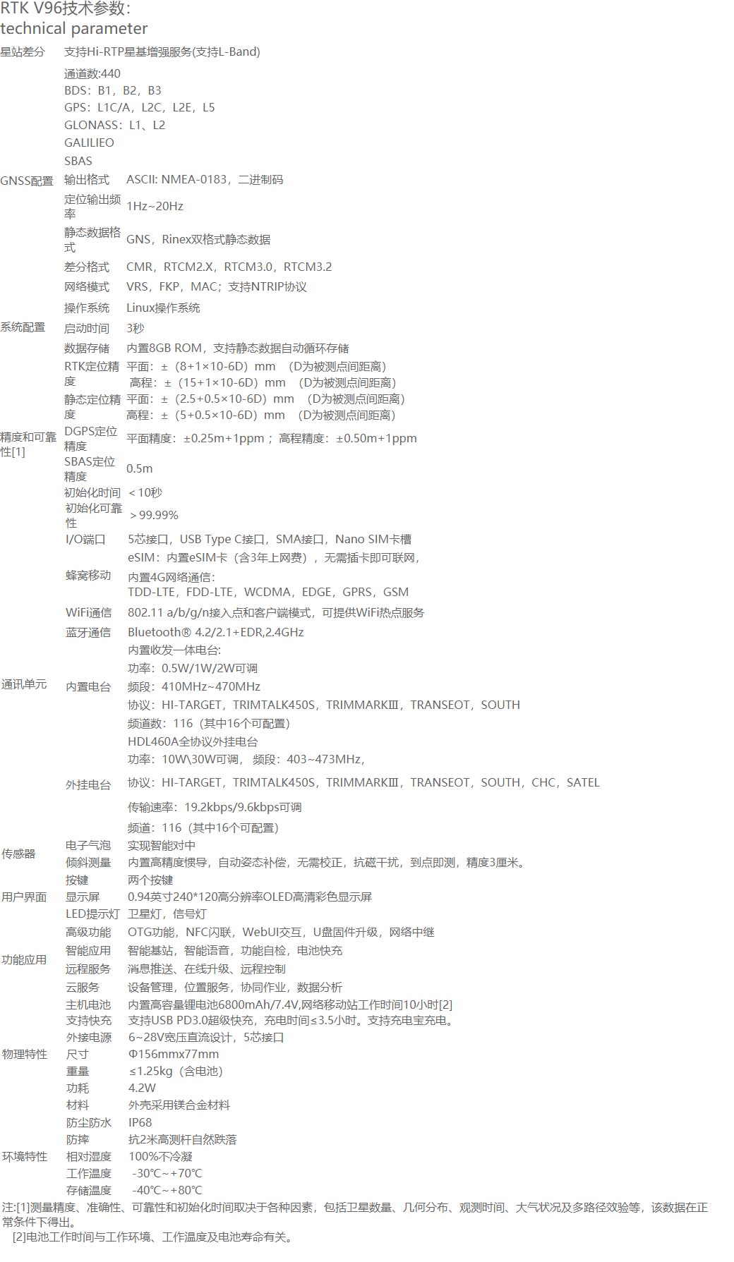 中海達V96智能RTK系統(tǒng)技術參數